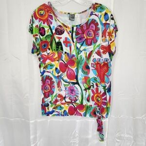 Dolcezza Size Small Pink Red Graphic Tie Front Blouse